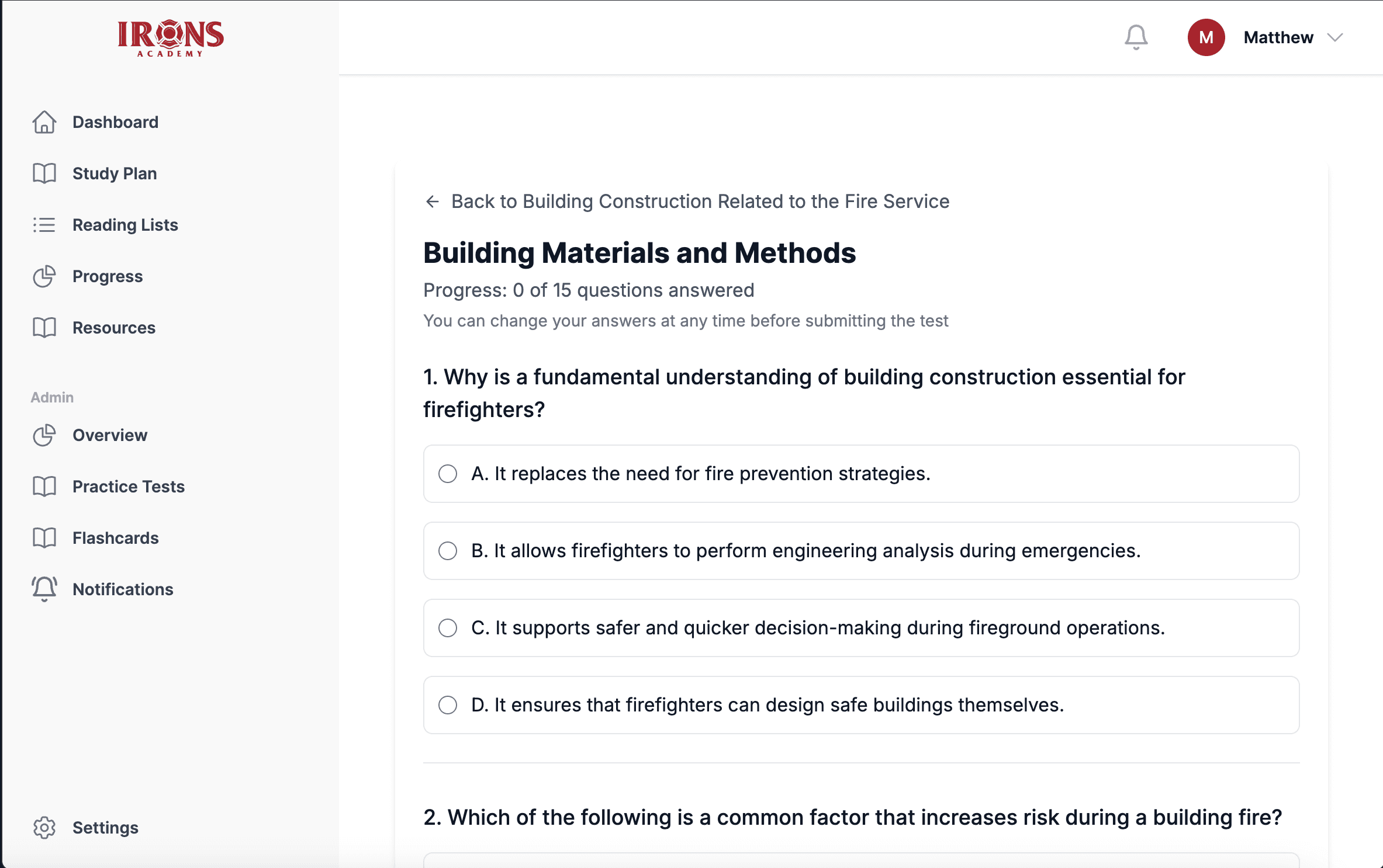 Practice exam interface showing multiple-choice questions for firefighter promotional test prep