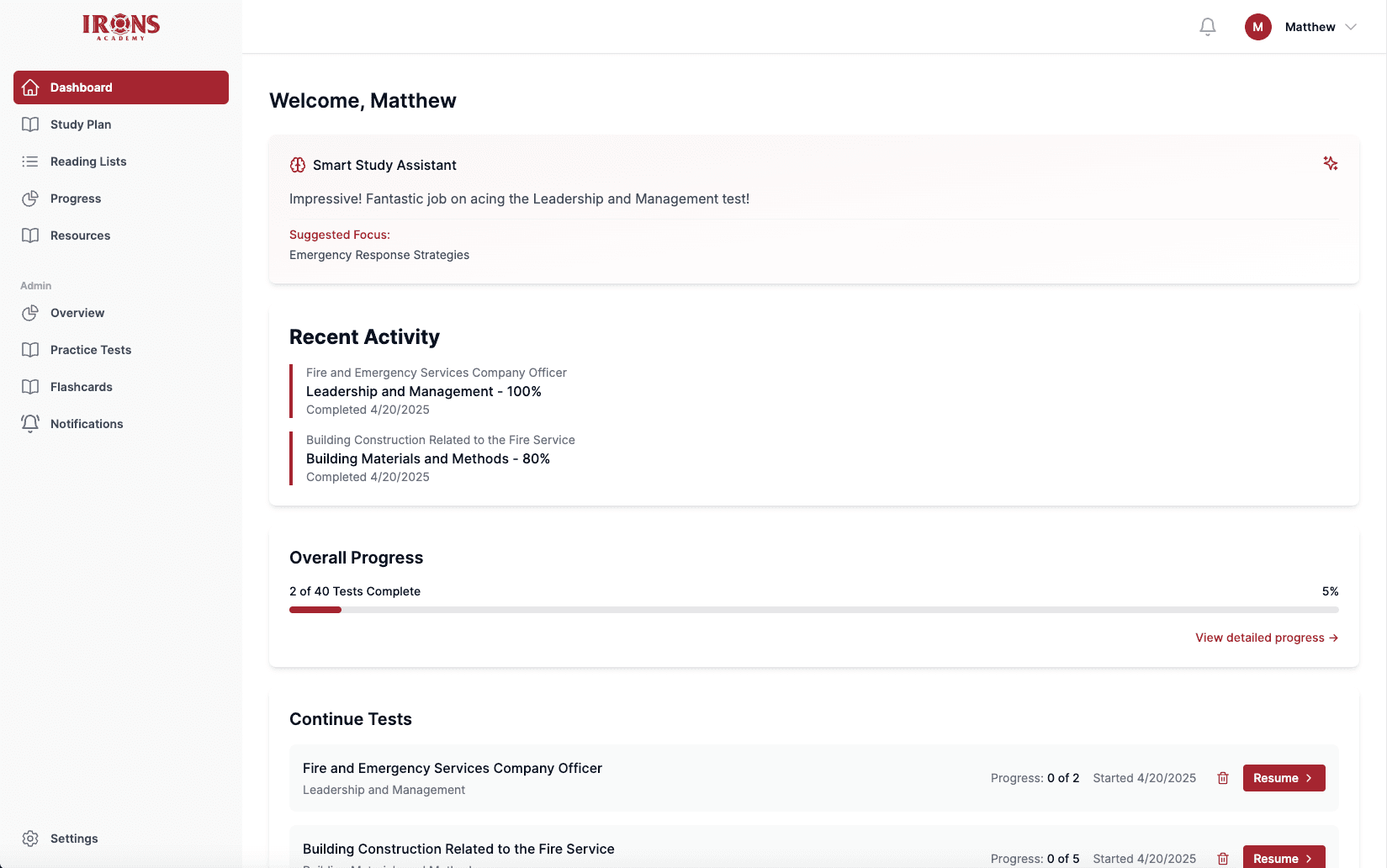 The Irons Academy dashboard showing study progress, flashcard sessions, and exam readiness